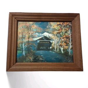 Vintage Dufex Foil Art Autumn Covered Bridge Rustic Wood Frame Small Unique